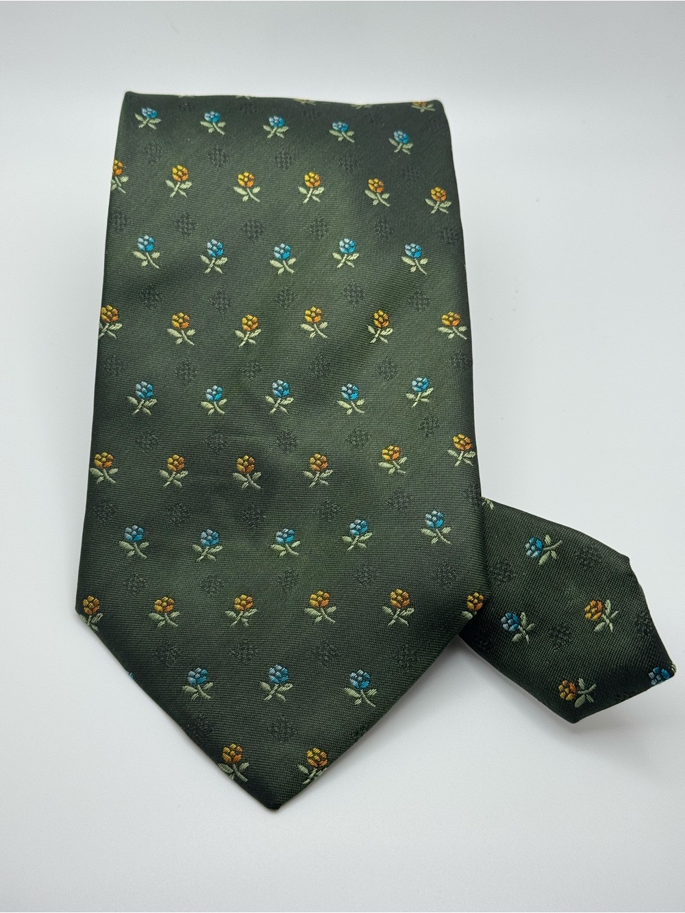 Vintage TeX Accessories Men's Italian Silk Tie Green Floral Dark Academia Preppy
